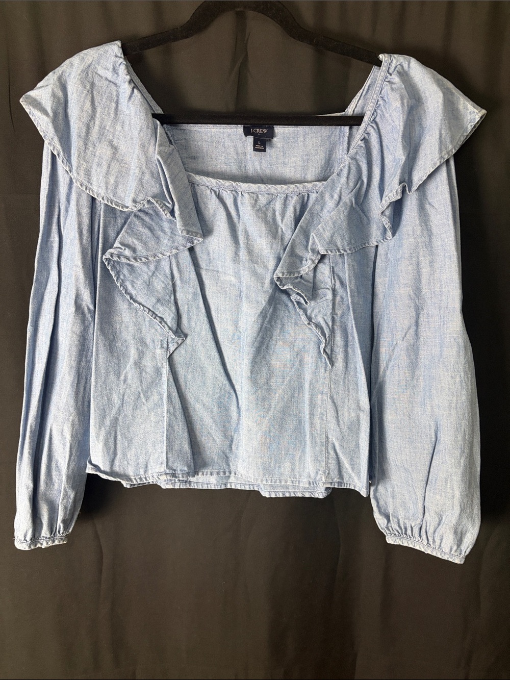 J. Crew Light Blue Ruffle Denim Peasant Blouse